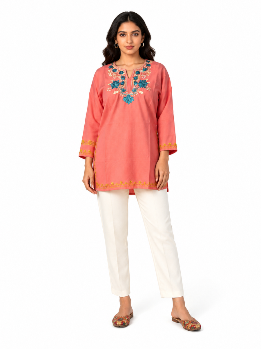 Noor : Aari embroidery summer kurti | Rose Pink